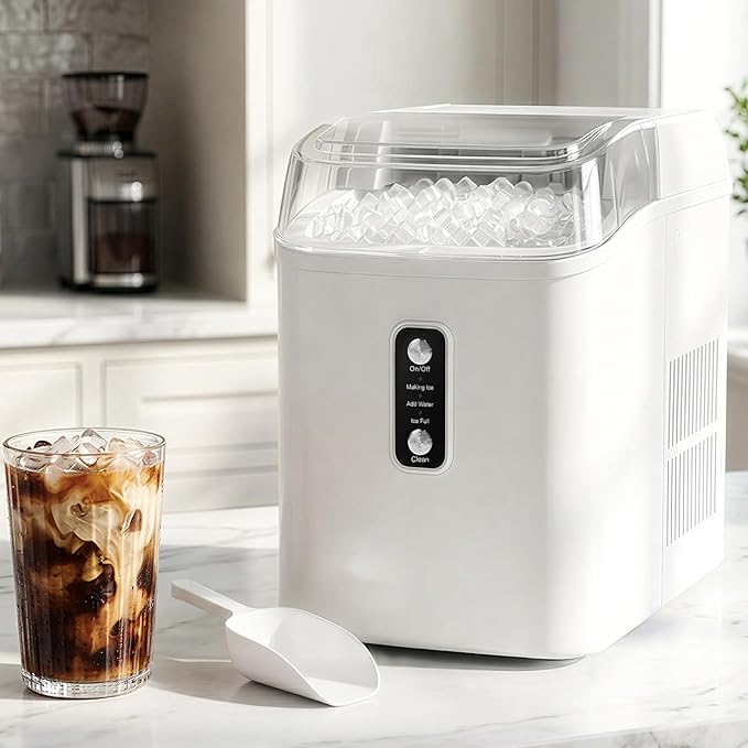 Nugget Ice Maker Countertop, 6-Min Fast Chewable Pellet Ice, 24lbs/24H Portable Ice Machine with Self-Cleaning, Ice Full & Low Water Indicator, Basket & Scoop for Home
