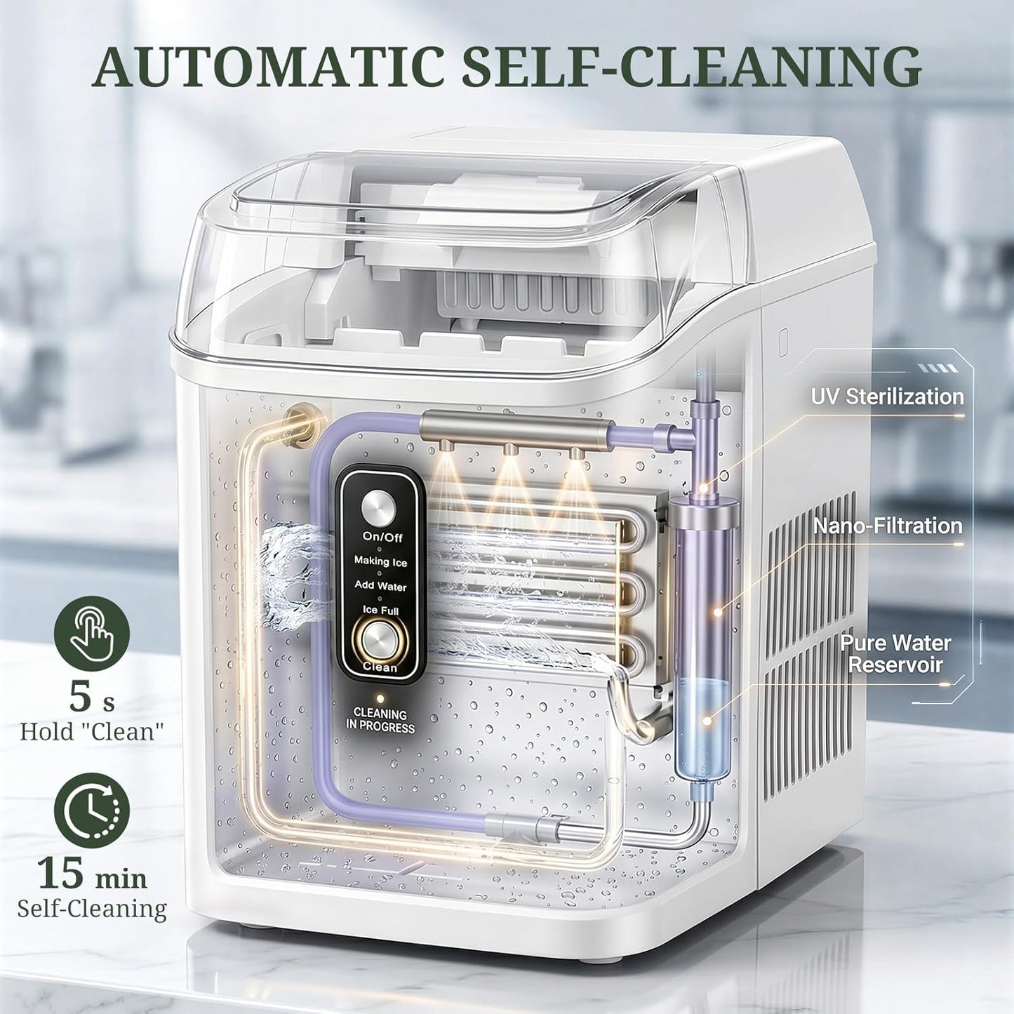 Nugget Ice Maker Countertop, 6-Min Fast Chewable Pellet Ice, 24lbs/24H Portable Ice Machine with Self-Cleaning, Ice Full & Low Water Indicator, Basket & Scoop for Home