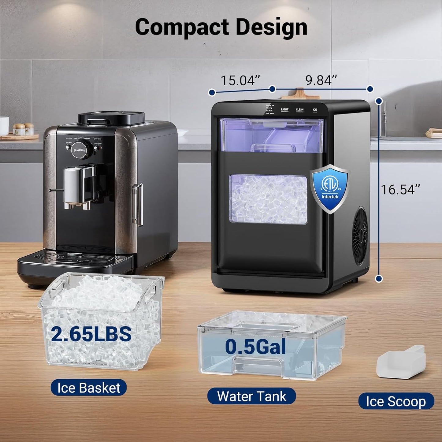 Nugget Ice Maker, 44lbs/24h Ice Makers Countertop, Self-Cleaning Pellet Ice Maker with LCD Display, 5-15 Minute Fast Ice Making, Chewable Ice Maker