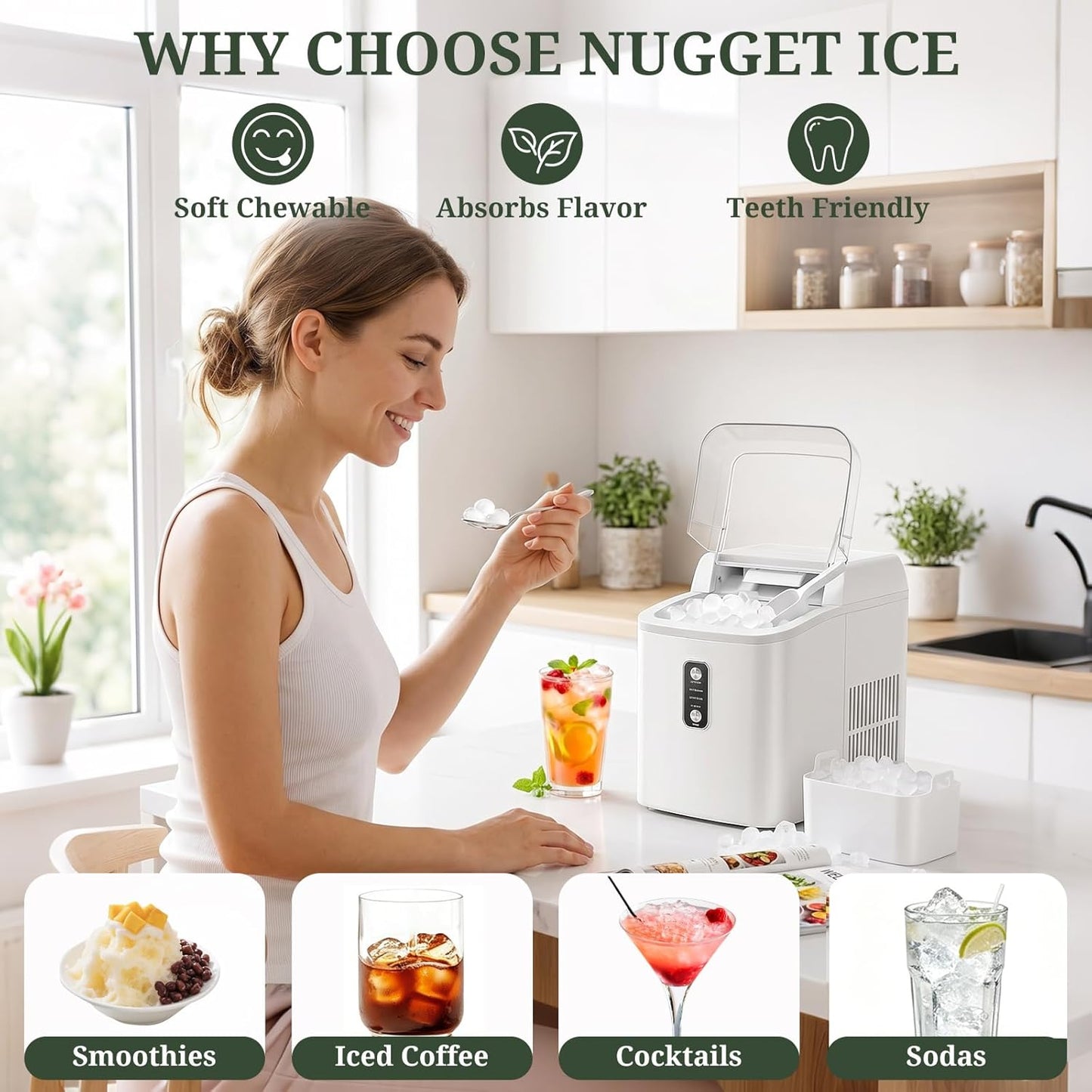 Nugget Ice Maker Countertop, 6-Min Fast Chewable Pellet Ice, 24lbs/24H Portable Ice Machine with Self-Cleaning, Ice Full & Low Water Indicator, Basket & Scoop for Home