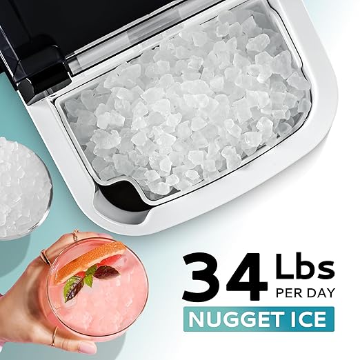 EUHOMY Nugget Ice Maker Countertop with Handle, Ready in 6 Mins, 34lbs Per Day, Removable Top Cover, Auto-Cleaning