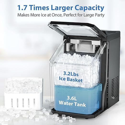 Aeitto Nugget Ice Maker Countertop, 55lbs/24H Ice Machine with 3.6L Water Tank&3.2Lbs Ice Basket, Self-Cleaning Pebble Ice Maker with Stainless Steel Housing for Home Office