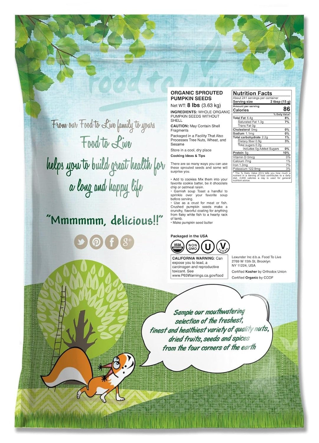 Food to Live Organic Sprouted Pumpkin Seeds, 8 Pounds Non-GMO, Raw Kernels, No Shell, Unsalted, No Oil, Vegan Kosher, Bulk. Keto Snack. High in Protein, Omega Fats. Topping for Salads, Oats, Yogurt