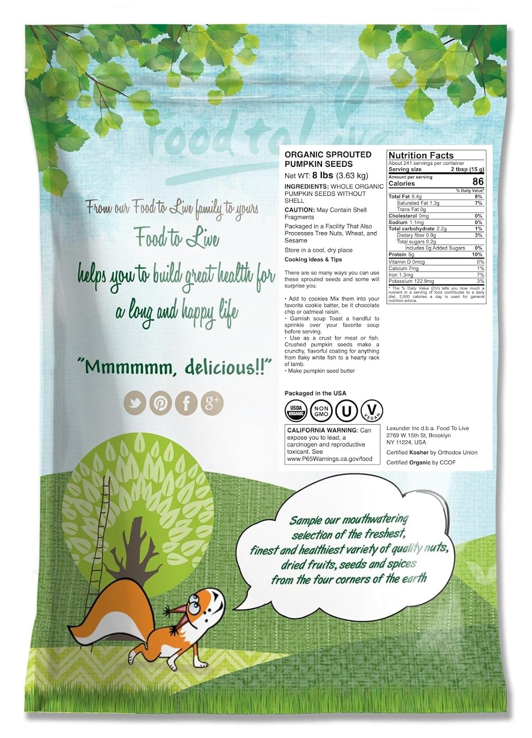 Food to Live Organic Sprouted Pumpkin Seeds, 8 Pounds Non-GMO, Raw Kernels, No Shell, Unsalted, No Oil, Vegan Kosher, Bulk. Keto Snack. High in Protein, Omega Fats. Topping for Salads, Oats, Yogurt