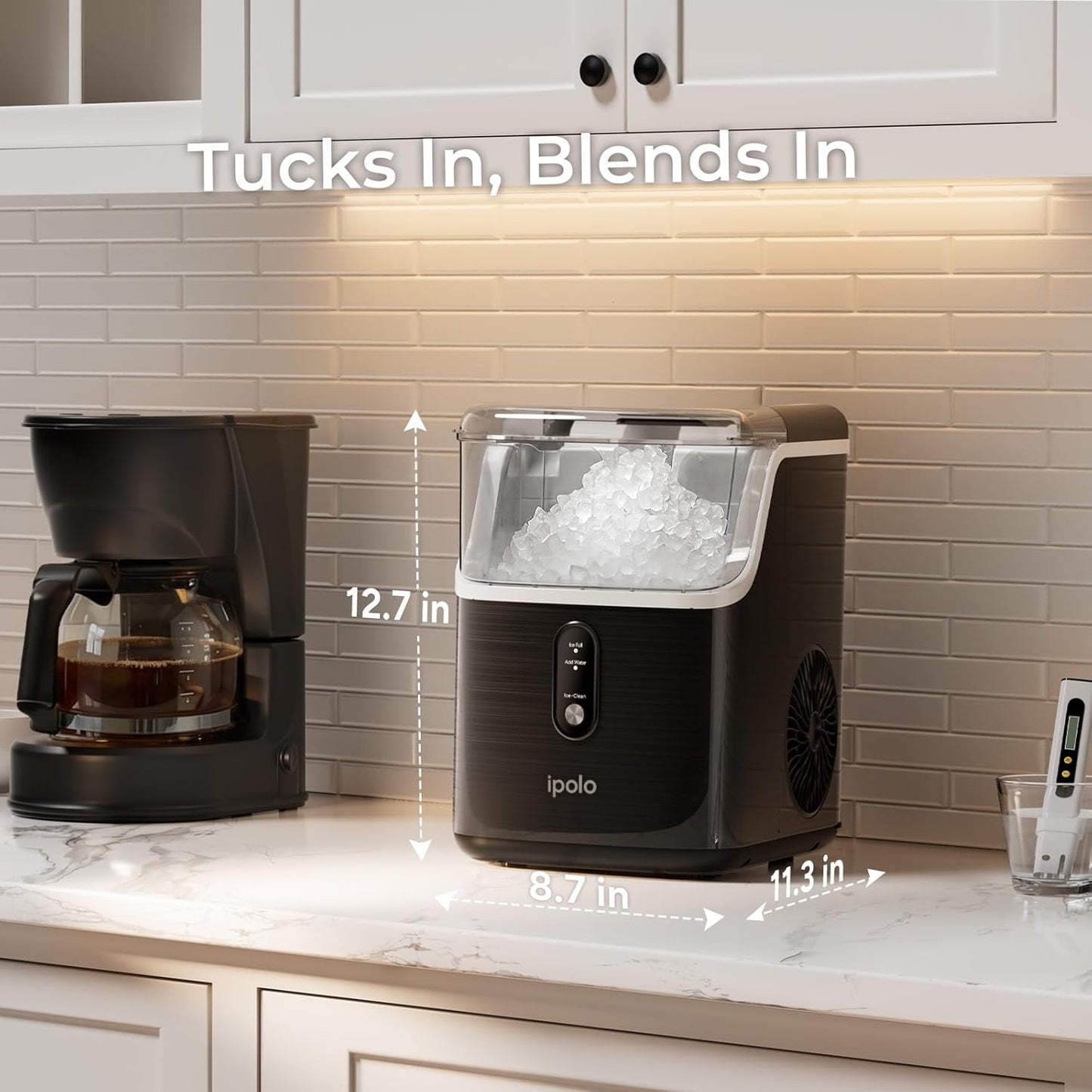 Nugget Ice Maker Countertop: 33lb/Day, Self-Cleaning, Black Stainless Steel, Portable, Soft Chewable Pebble Ice Machine
