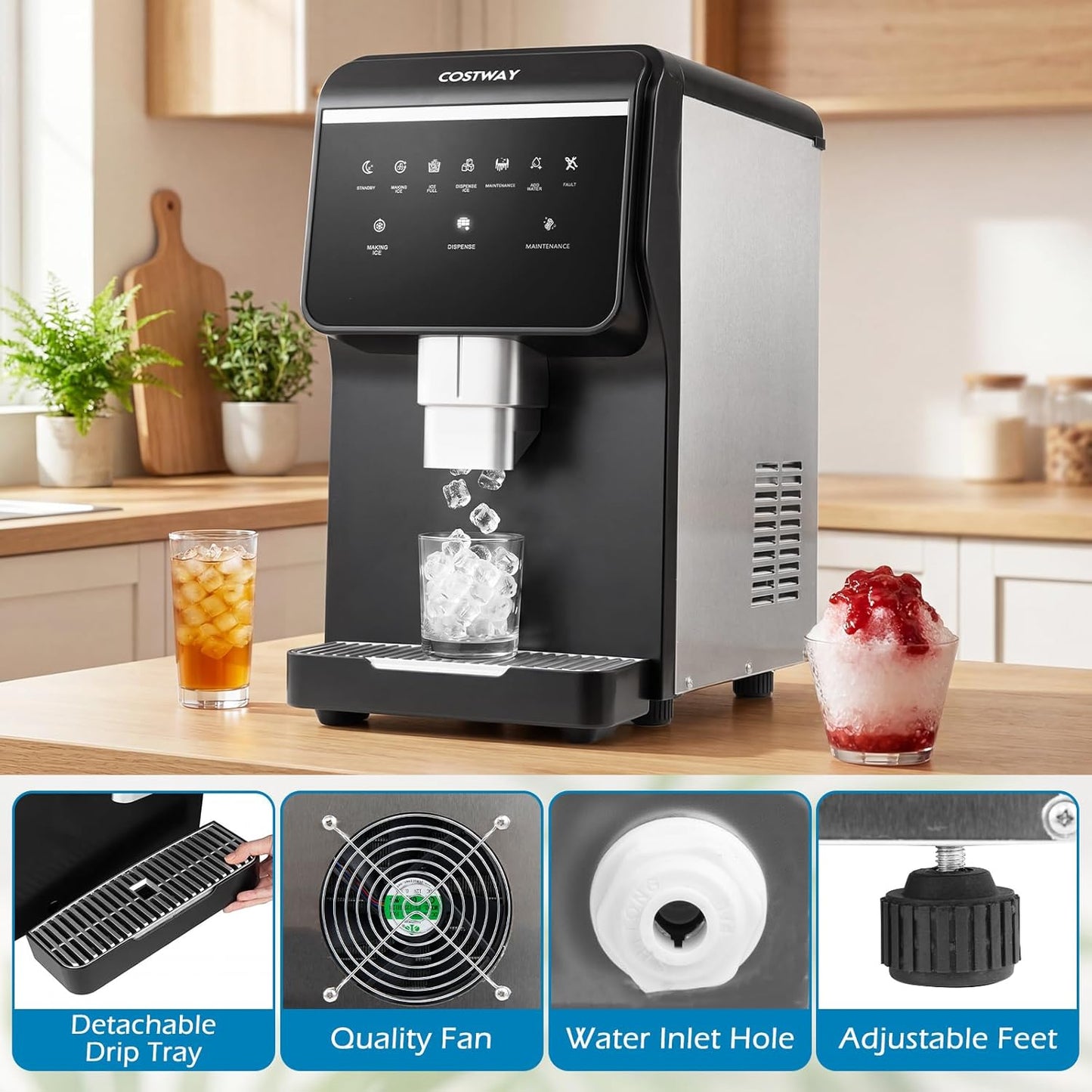 COSTWAY Self Dispensing Nugget Ice Maker Countertop, 80Lbs/24H Soft Chewable Pellet Ice, 7.5LBS Ice Storage Capacity, Automatic Cleaning Function, Portable Ice Machine
