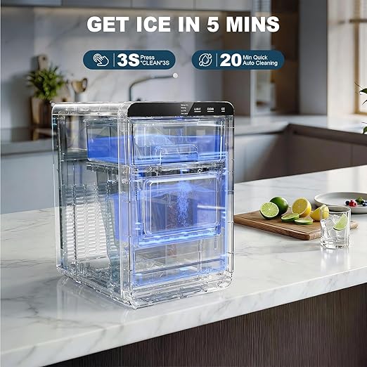 Nugget Ice Maker Countertop, 44lbs/24h Nugget Ice Machine, Soft Ice Ready in 5-10Mins Pellet Ice Maker, Self-Cleaning Sonic Ice Maker