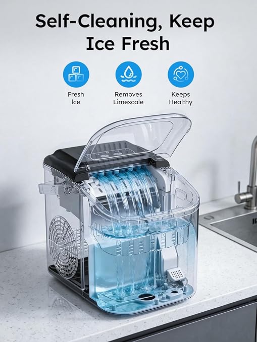 Countertop Ice Maker, 26lbs/24H Portable Ice Maker with Handle, 8 Ice Cubes Ready in 6 Mins, Self-Cleaning Ice Makers