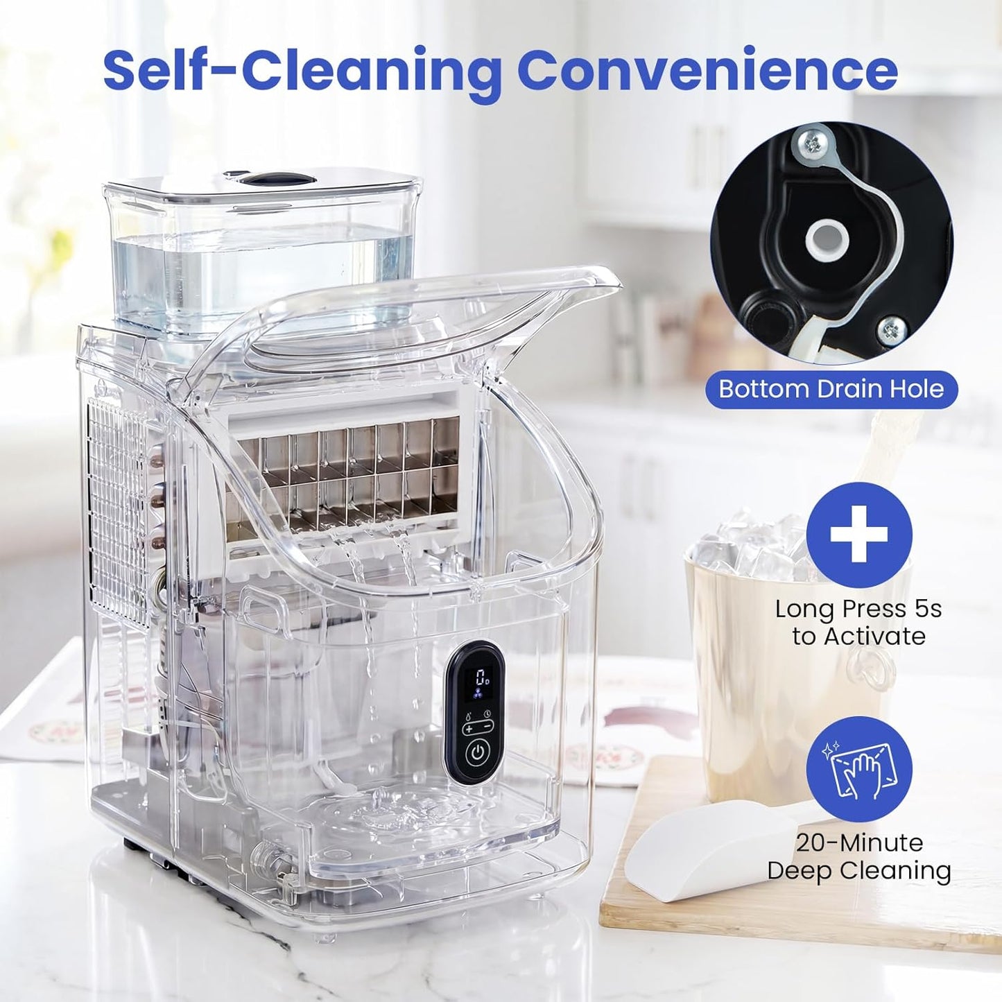 COSTWAY Countertop Ice Cube Maker with External Water Tank, 16Pcs Ready in 6 Mins, 34Lbs/24H Portable Ice Machine with 13 Thickness Levels, Self-Cleaning