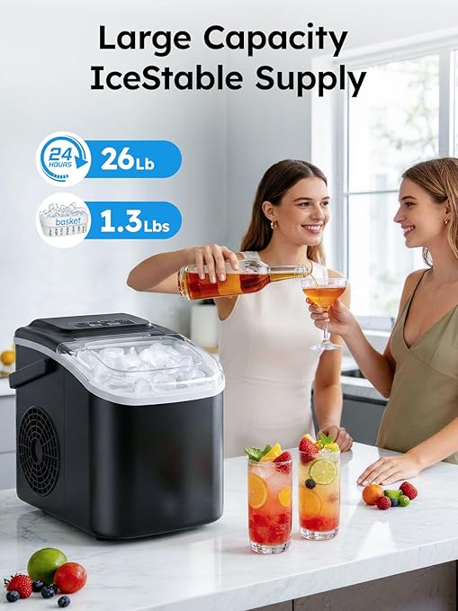 Countertop Ice Maker, 26lbs/24H Portable Ice Maker with Handle, 8 Ice Cubes Ready in 6 Mins, Self-Cleaning Ice Makers