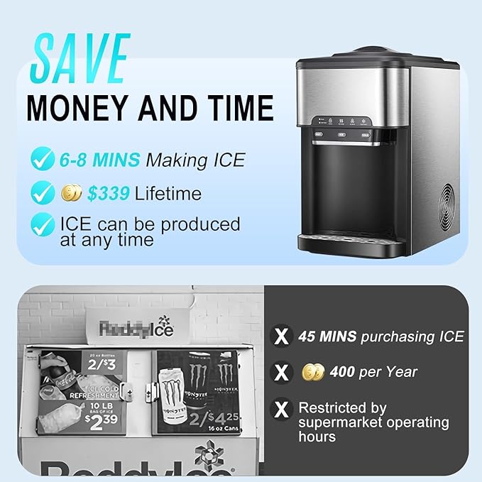 NUNET 3 - in - 1 Ice Maker, Water Dispenser & Water Cooler - Water Line Fill w/ 10ft Hose (1/2" & 1/4" Connector) - Hot/Cold Water - 44 lbs Ice Daily, 4lb Ice Storage