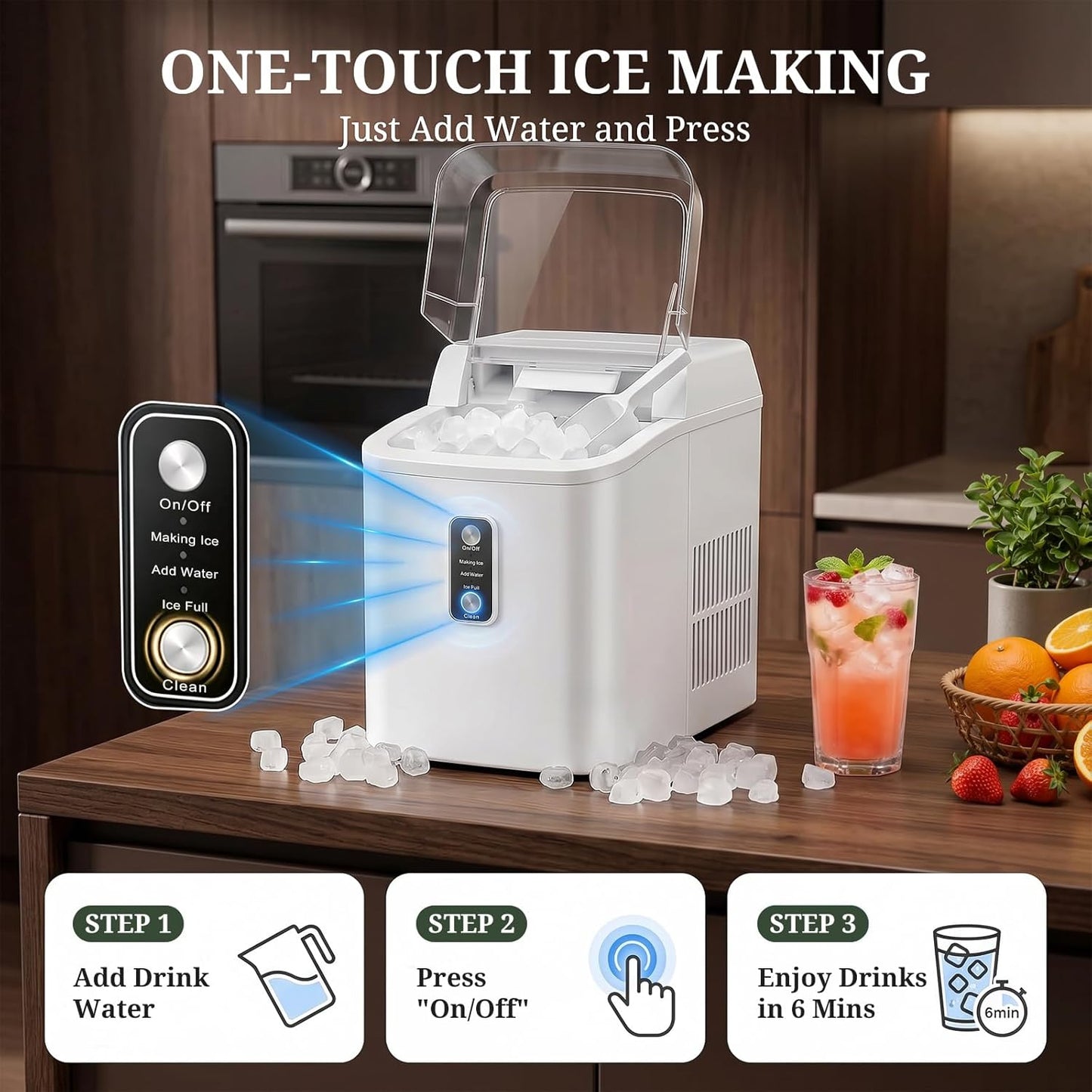 Nugget Ice Maker Countertop, 6-Min Fast Chewable Pellet Ice, 24lbs/24H Portable Ice Machine with Self-Cleaning, Ice Full & Low Water Indicator, Basket & Scoop for Home
