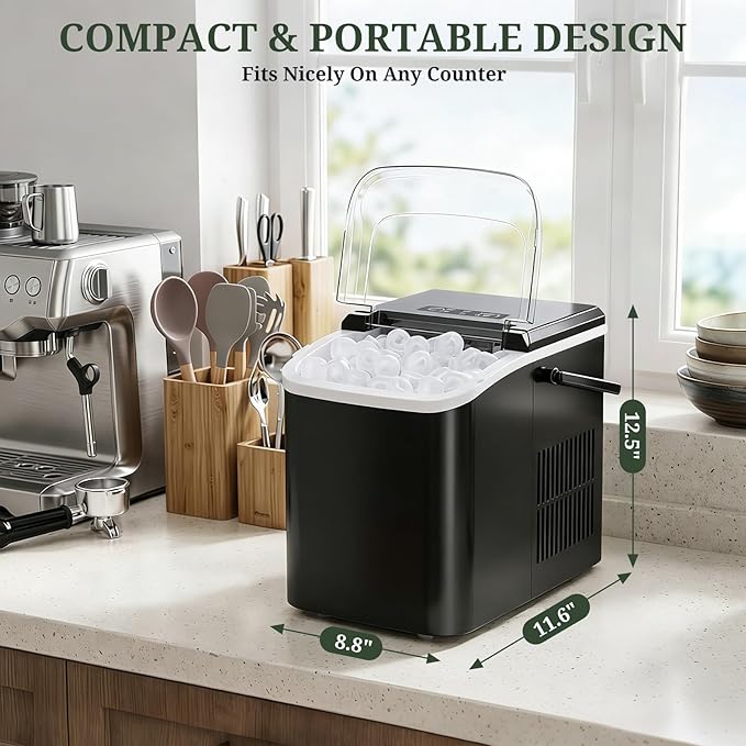 Portable Ice Makers Countertop with Handle, Basket & Scoop, 26Lbs/24Hrs, 9 Bullet Ice Cubes in 6 Mins, 2 Ice Sizes, Self-Cleaning, Quiet Compact Ice Machine