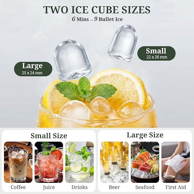 Portable Ice Makers Countertop with Handle, Basket & Scoop, 26Lbs/24Hrs, 9 Bullet Ice Cubes in 6 Mins, 2 Ice Sizes, Self-Cleaning, Quiet Compact Ice Machine
