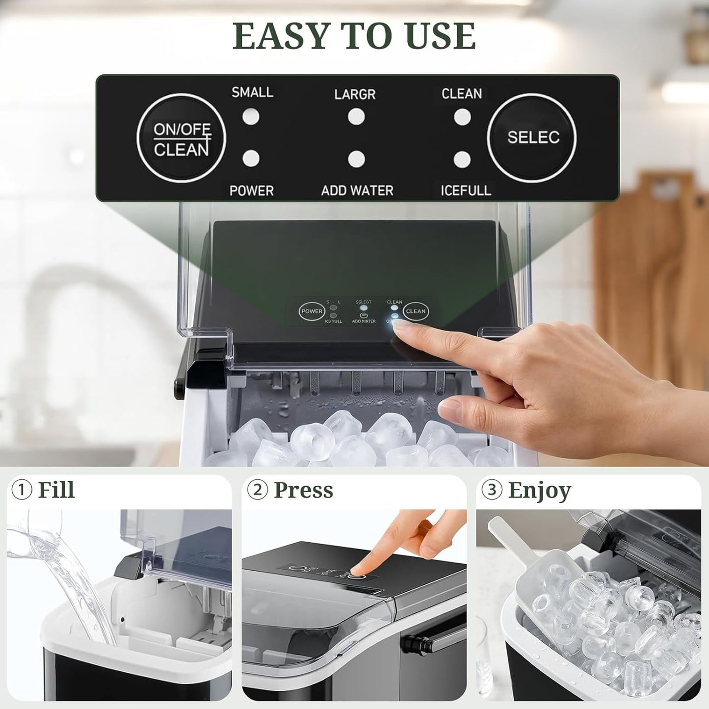 Portable Ice Makers Countertop with Handle, Basket & Scoop, 26Lbs/24Hrs, 9 Bullet Ice Cubes in 6 Mins, 2 Ice Sizes, Self-Cleaning, Quiet Compact Ice Machine