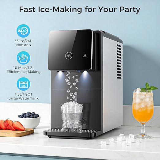 Nugget Countertop Ice Maker, 33 lbs/Day Chewable Pellet Ice Machine with Self-Cleaning, Auto Lighting & Measured Dispensing, Portable Pebble Ice Maker