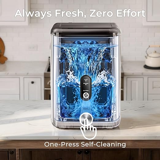 Nugget Ice Maker Countertop: 33lb/Day, Self-Cleaning, Black Stainless Steel, Portable, Soft Chewable Pebble Ice Machine