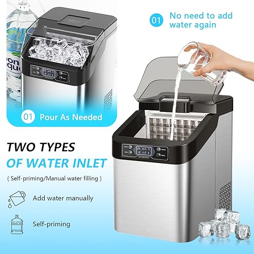 Ice Maker Countertop, 2 Ways to Add Water, 33lbs/24Hrs, 24 Pcs Ready in 13 Mins, Auto-Cleaning Portable Ice Maker with Basket and Scoop