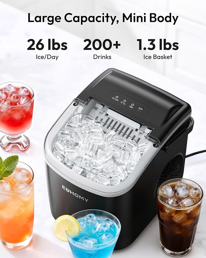 EUHOMY Countertop Ice Maker Machine with Handle, 26lbs in 24Hrs, 9 Ice Cubes Ready in 6 Mins