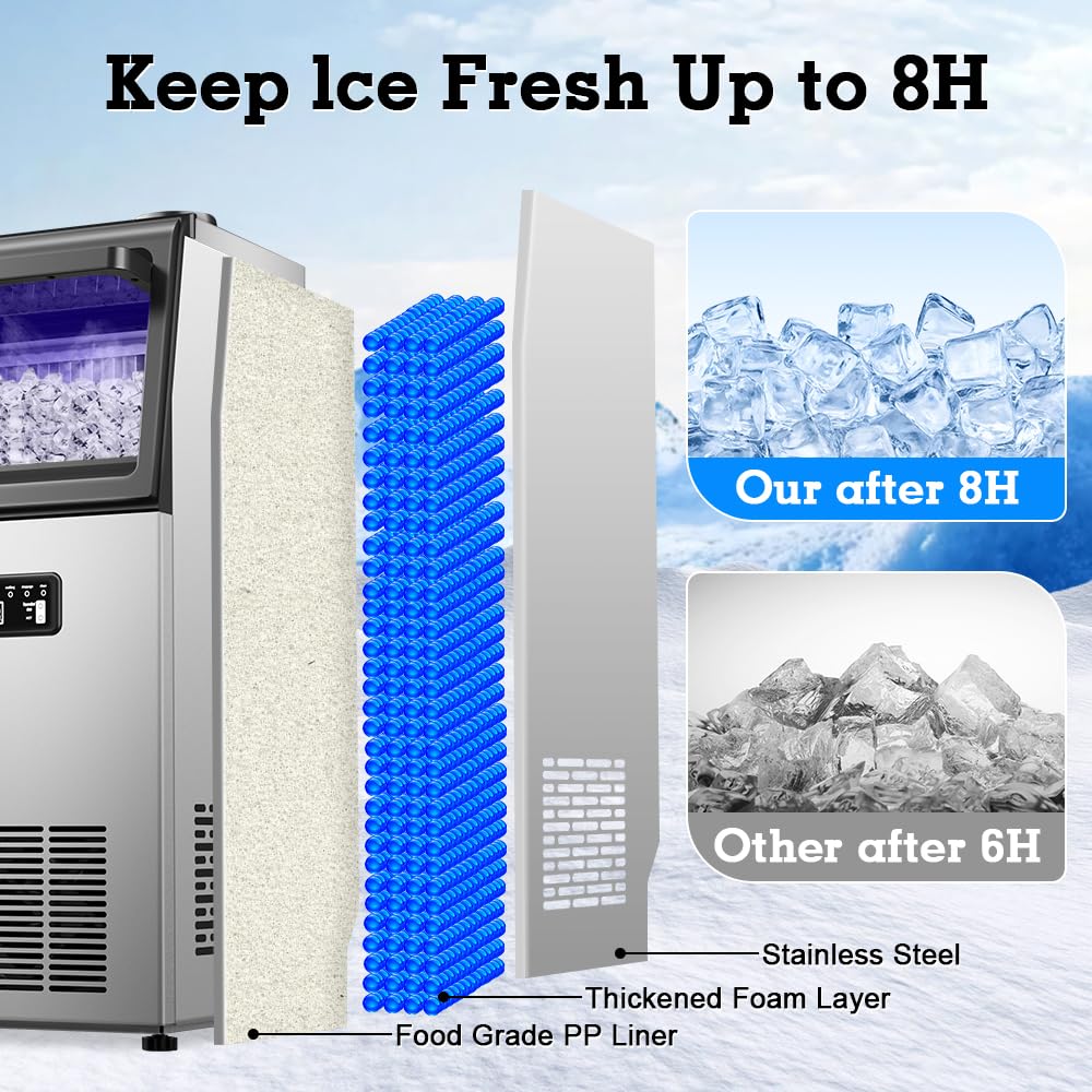 Commercial Ice Maker 100LBS/24H, Dual Water Inlet, Under Counter Ice Maker with 20LBS Storage Capacity, 40 Cubes, Stainless Steel Ice Machine, for School, Home, Restaurant, Bar, RV