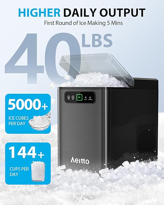 Aeitto Nugget Ice Maker Countertop, Pellet Ice Machine Soft Chewable Ice 40lbs/Day, One-Click Operation, Auto Self-Cleaning Crushed Ice Makers