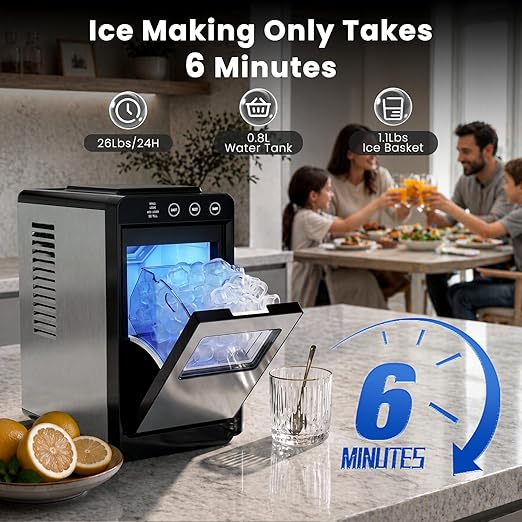 Electactic Countertop Ice Maker, 26Lbs Daily Ice Production, 0.8L Water Tank, Self-Cleaning, Adjustable Ice Size, One-Touch Operation, Interior Light, Portable Ice Maker