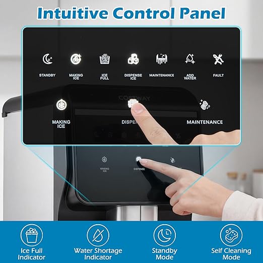 COSTWAY Self Dispensing Nugget Ice Maker Countertop, 80Lbs/24H Soft Chewable Pellet Ice, 7.5LBS Ice Storage Capacity, Automatic Cleaning Function, Portable Ice Machine