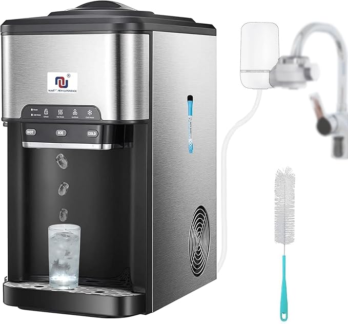NUNET 3 - in - 1 Ice Maker, Water Dispenser & Water Cooler - Water Line Fill w/ 10ft Hose (1/2" & 1/4" Connector) - Hot/Cold Water - 44 lbs Ice Daily, 4lb Ice Storage
