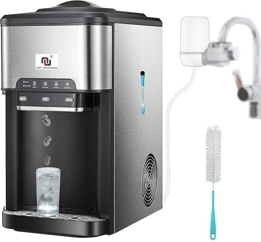 NUNET 3 - in - 1 Ice Maker, Water Dispenser & Water Cooler - Water Line Fill w/ 10ft Hose (1/2" & 1/4" Connector) - Hot/Cold Water - 44 lbs Ice Daily, 4lb Ice Storage