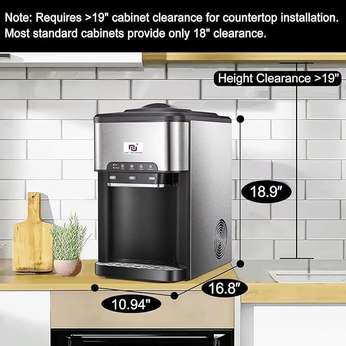 NUNET 3 - in - 1 Ice Maker, Water Dispenser & Water Cooler - Water Line Fill w/ 10ft Hose (1/2" & 1/4" Connector) - Hot/Cold Water - 44 lbs Ice Daily, 4lb Ice Storage