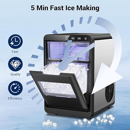 Nugget Ice Maker, 44lbs/24h Ice Makers Countertop, Self-Cleaning Pellet Ice Maker with LCD Display, 5-15 Minute Fast Ice Making, Chewable Ice Maker
