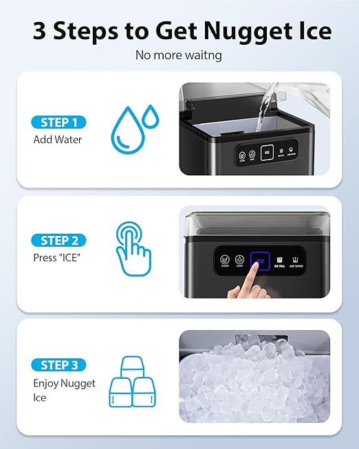 Aeitto Nugget Ice Maker Countertop, Pellet Ice Machine Soft Chewable Ice 40lbs/Day, One-Click Operation, Auto Self-Cleaning Crushed Ice Makers