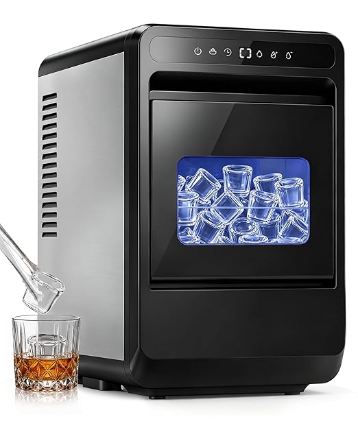 Clear Ice Cube Maker, 8 Crystal 1.2" Large Cubes in 20 Mins, Slow-Melting for Whiskey, 24H Timer, Self-Cleaning & Adjustable Thickness for Home Bar, Kitchen, Party