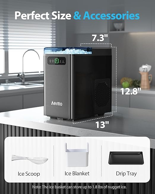 Aeitto Nugget Ice Maker Countertop, Pellet Ice Machine Soft Chewable Ice 40lbs/Day, One-Click Operation, Auto Self-Cleaning Crushed Ice Makers
