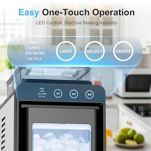 Kismile Countertop Ice Maker with 1.2L Top Water Tank, 8 Bullet Cubes in 6 Mins, 26.5lbs in 24Hrs, 2 Ice Sizes, Self-Cleaning Portable Ice Maker with Basket and Scoop, for Home