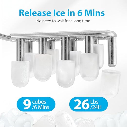 Aeitto Ice Makers Countertop, 9 Ice Cubes Release in 6 Mins, 26Lbs/24H, 2 Sizes of Bullet Ice Machine,Self-Cleaning Portable Ice Maker with Ice Scoop and Basket