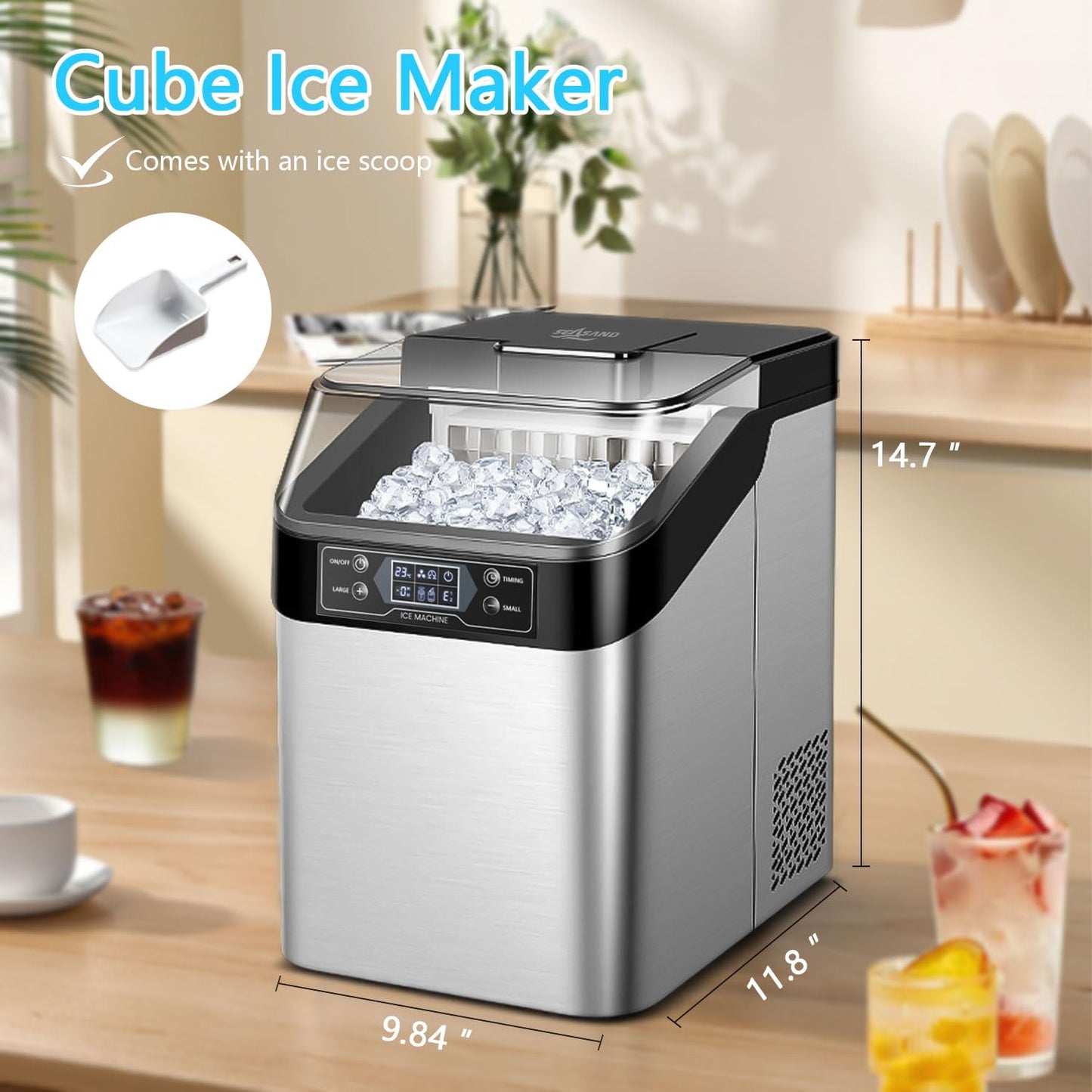 Ice Maker Countertop, 2 Ways to Add Water, 33lbs/24Hrs, 24 Pcs Ready in 13 Mins, Auto-Cleaning Portable Ice Maker with Basket and Scoop