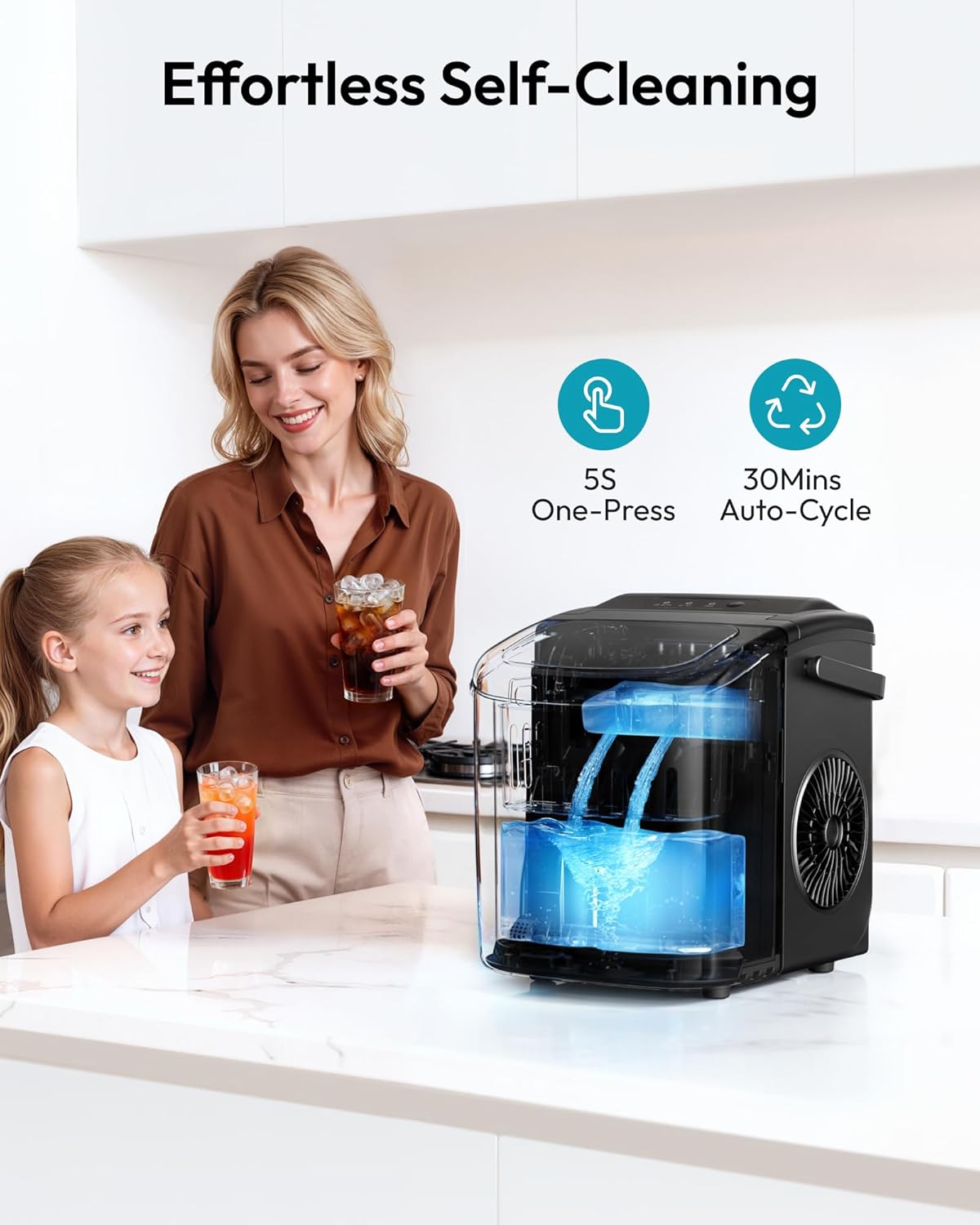EUHOMY Countertop Ice Maker Machine with Handle, 26lbs in 24Hrs, 9 Ice Cubes Ready in 6 Mins