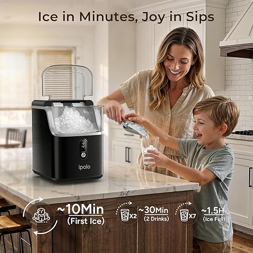 Nugget Ice Maker Countertop: 33lb/Day, Self-Cleaning, Black Stainless Steel, Portable, Soft Chewable Pebble Ice Machine
