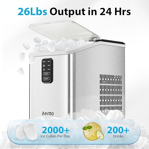 Aeitto Ice Maker Countertop 26lbs/24H, Ice Machine 8 Ice Cubes Ready in 6 Mins, 2 Sizes of Bullet Ice Portable Ice Makers with Basket & Scoop, Auto Self-Cleaning for Home