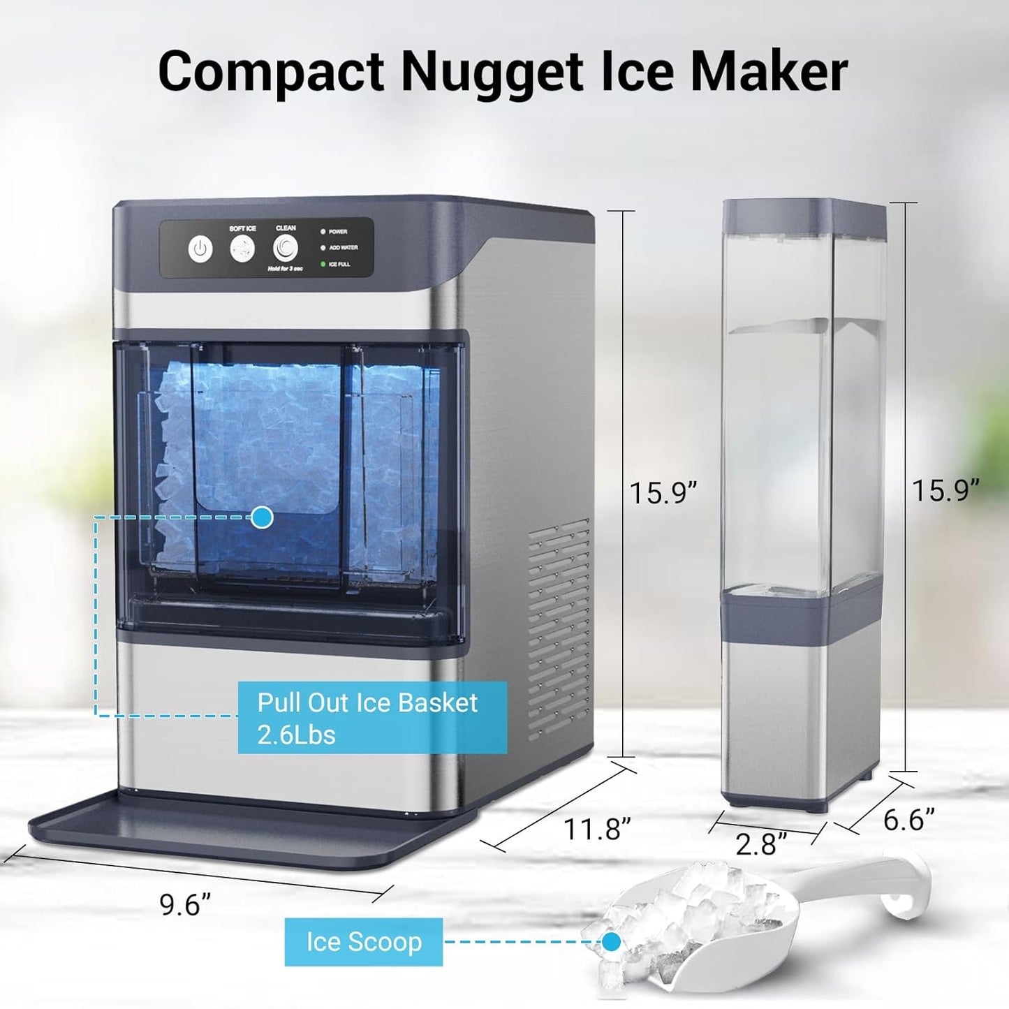 Countertop Nugget Ice Maker with Water Tank, 40 lbs/24H, 5-8min Ready, Self-Cleaning, Chewable Pellet Ice, Stainless Steel Counter Table Ice Machine