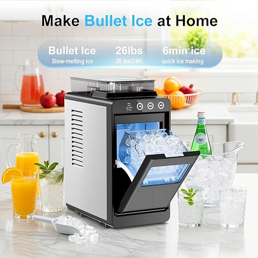Kismile Countertop Ice Maker with 1.2L Top Water Tank, 8 Bullet Cubes in 6 Mins, 26.5lbs in 24Hrs, 2 Ice Sizes, Self-Cleaning Portable Ice Maker with Basket and Scoop, for Home