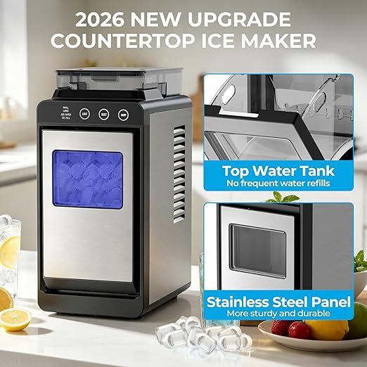 Electactic Countertop Ice Maker with 2L Dual Water Tank, 8 Bullet Ice Fast in 6 Mins, 26 lbs/Day, 2 Ice Sizes, Self-Cleaning Mode,Compact Portable Ice Machine