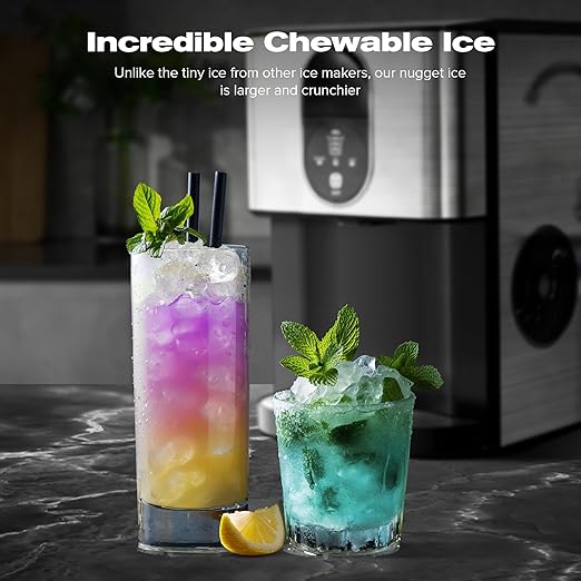 Kismile Countertop Nugget Ice Maker, 44lbs/24H Soft Chewable Pebble Ice Machine