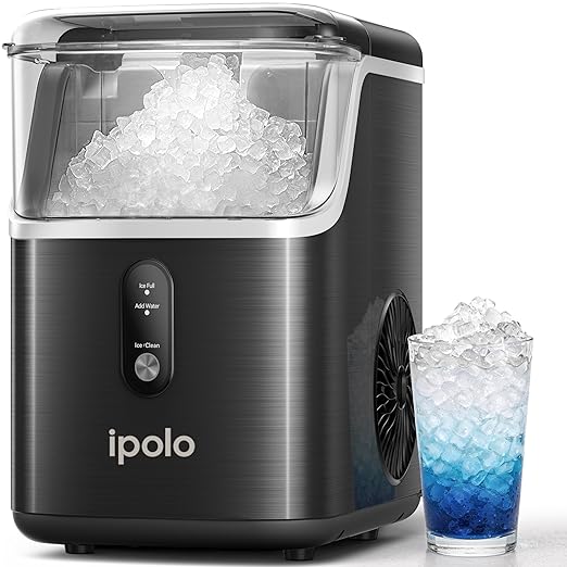 Nugget Ice Maker Countertop: 33lb/Day, Self-Cleaning, Black Stainless Steel, Portable, Soft Chewable Pebble Ice Machine