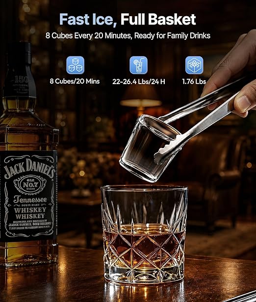 Clear Ice Cube Maker, 8 Crystal 1.2" Large Cubes in 20 Mins, Slow-Melting for Whiskey, 24H Timer, Self-Cleaning & Adjustable Thickness for Home Bar, Kitchen, Party