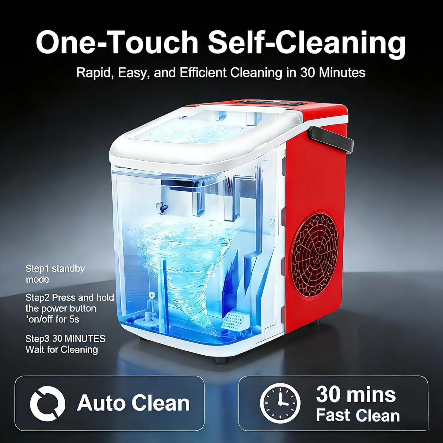 Countertop Ice Maker with Handle, Small Portable Self-Cleaning Ice Machine with Basket and Scoop， 26lbs/24H, 9 Ice Cubes in 6 Mins,