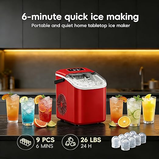 Countertop Ice Maker with Handle, Small Portable Self-Cleaning Ice Machine with Basket and Scoop， 26lbs/24H, 9 Ice Cubes in 6 Mins,