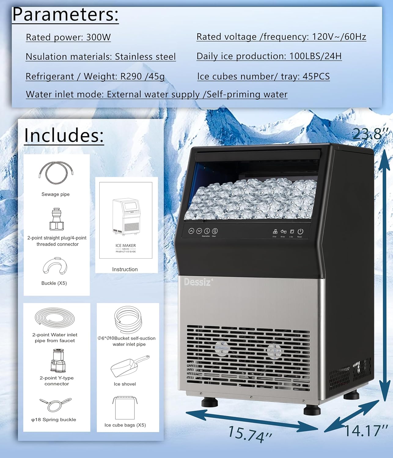 Dessiz Commercial Ice Maker Machine, 100Lbs/24H Freestanding Undercounter Ice Maker with 45pcs Storage Capacity, Self-Cleaning Ice Machine
