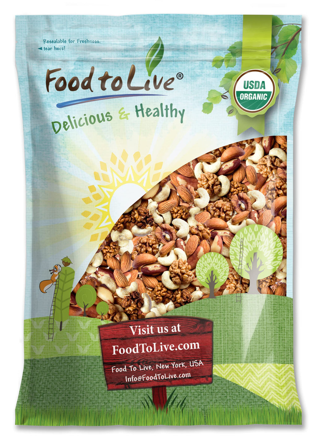 Food to Live Organic Mixed Raw Nuts, 2 Pounds – Cashews, Brazil Nuts, Walnuts, Almonds, Non-GMO, Kosher, Vegan, Unsalted, Bulk